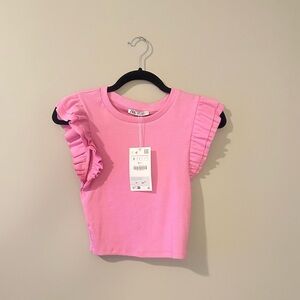 NWT Zara Pink Flutter Sleeve Ribbed T shirt Size S
